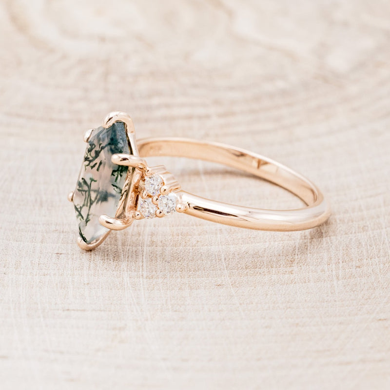 "OCTAVIA" - ELONGATED HEXAGON MOSS AGATE ENGAGEMENT RING WITH DIAMOND ACCENTS-3