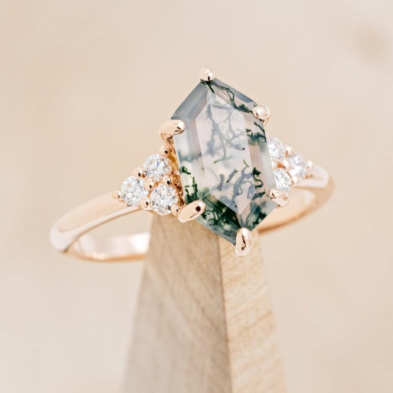 "OCTAVIA" - ELONGATED HEXAGON MOSS AGATE ENGAGEMENT RING WITH DIAMOND ACCENTS-1