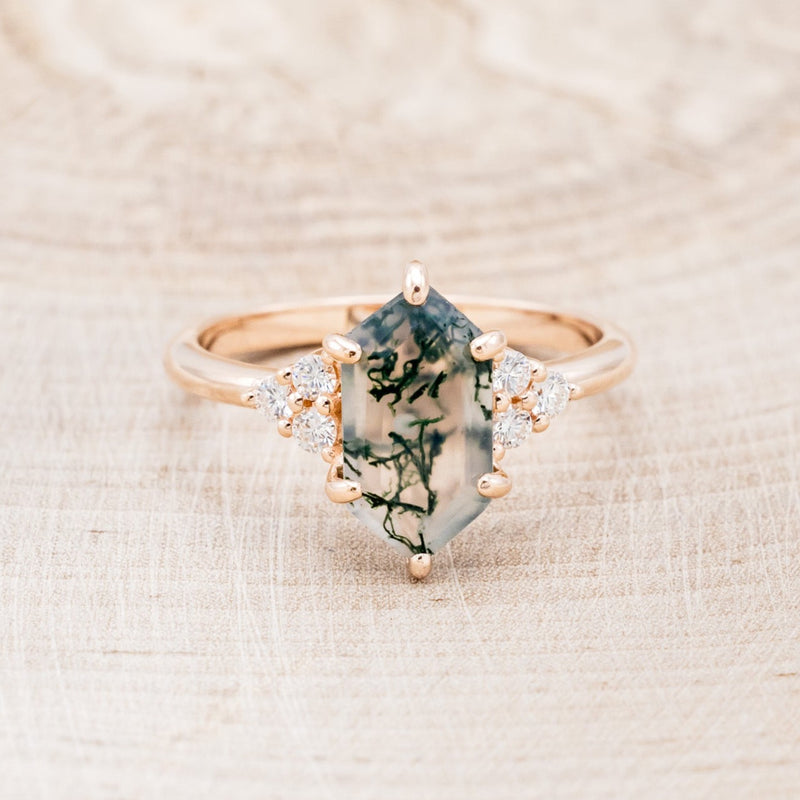 "OCTAVIA" - ELONGATED HEXAGON MOSS AGATE ENGAGEMENT RING WITH DIAMOND ACCENTS-4