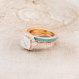 "OPHELIA" - CUSHION CUT MOISSANITE ENGAGEMENT RING WITH TURQUOISE STACKING BAND-3