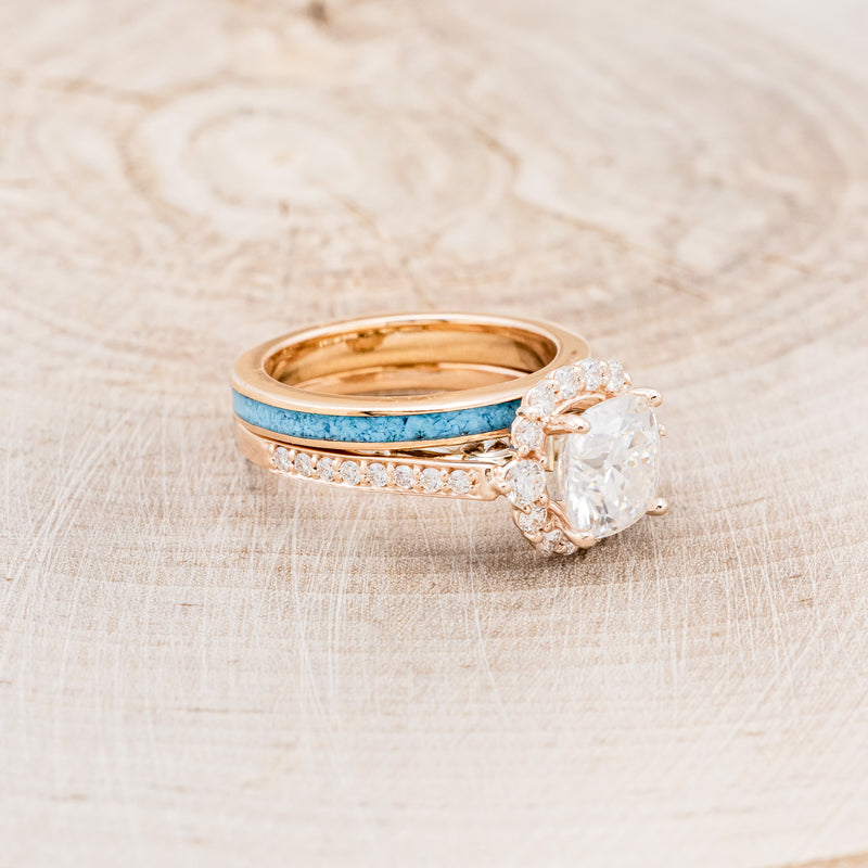 "OPHELIA" - CUSHION CUT MOISSANITE ENGAGEMENT RING WITH TURQUOISE STACKING BAND-2