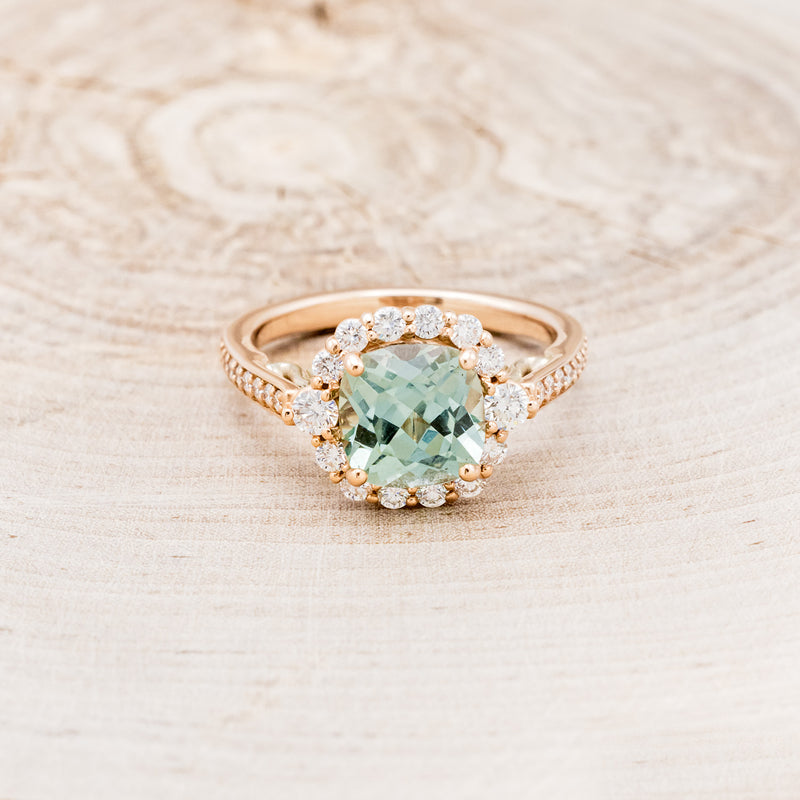 "OPHELIA" - CUSHION CUT LAB-GROWN GREEN SAPPHIRE ENGAGEMENT RING WITH DIAMOND HALO & ACCENTS-4