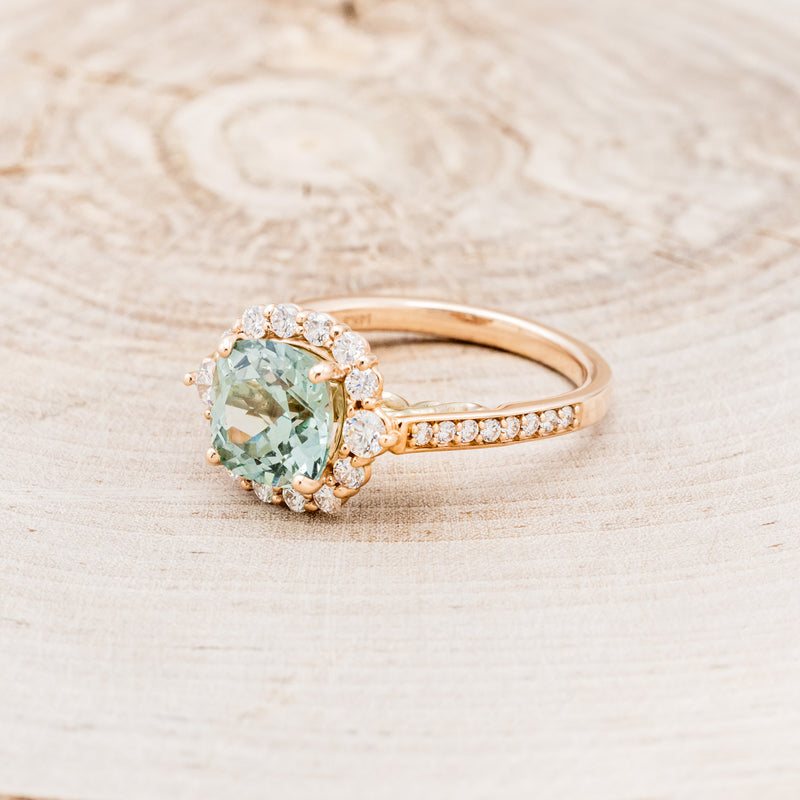 "OPHELIA" - CUSHION CUT LAB-GROWN GREEN SAPPHIRE ENGAGEMENT RING WITH DIAMOND HALO & ACCENTS-3