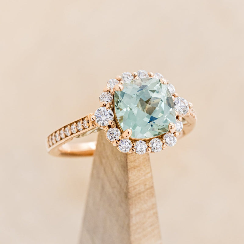 "OPHELIA" - CUSHION CUT LAB-GROWN GREEN SAPPHIRE ENGAGEMENT RING WITH DIAMOND HALO & ACCENTS-1