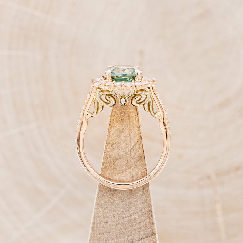 "OPHELIA" - CUSHION CUT LAB-GROWN GREEN SAPPHIRE ENGAGEMENT RING WITH DIAMOND HALO & ACCENTS-6