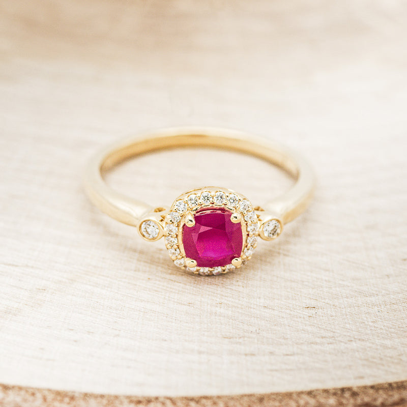 "CYRA" - CUSHION CUT LAB-GROWN RUBY ENGAGEMENT RING WITH DIAMOND HALO & ACCENTS-4