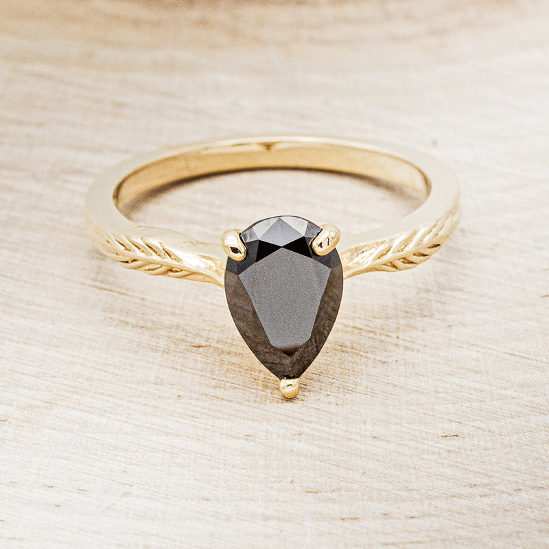 "HOPE" - PEAR-SHAPED MIDNIGHT BLACK MOISSANITE SOLITAIRE ENGAGEMENT RING WITH FEATHER ACCENTS-4