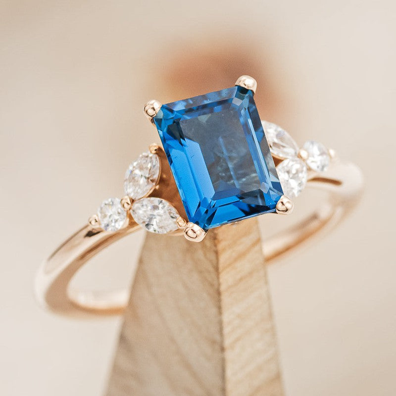 "BLOSSOM" - EMERALD CUT BLUE TOPAZ ENGAGEMENT RING WITH DIAMOND ACCENTS-1