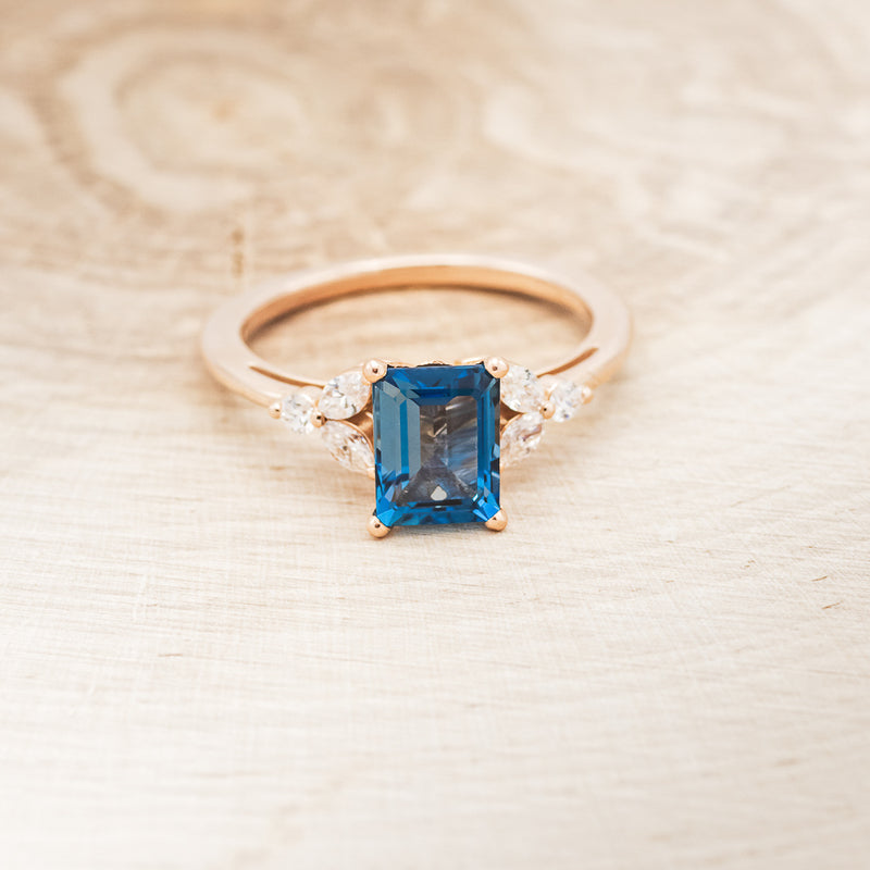 "BLOSSOM" - EMERALD CUT BLUE TOPAZ ENGAGEMENT RING WITH DIAMOND ACCENTS-4