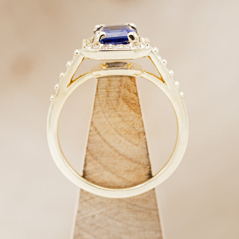 "KARLA" - EMERALD CUT LAB-GROWN SAPPHIRE ENGAGEMENT RING WITH DIAMOND HALO & ACCENTS-6