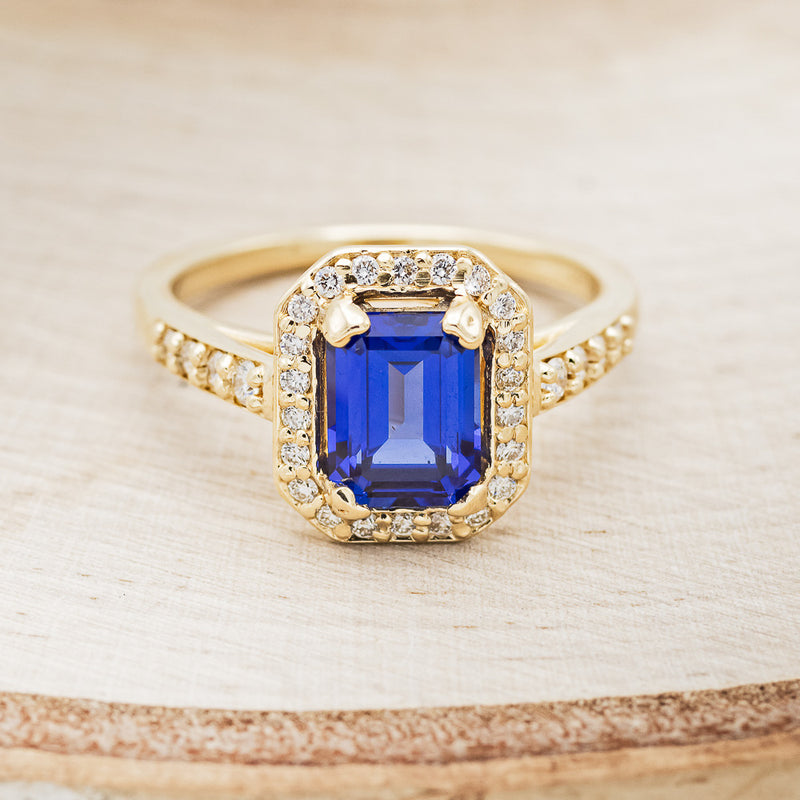 "KARLA" - EMERALD CUT LAB-GROWN SAPPHIRE ENGAGEMENT RING WITH DIAMOND HALO & ACCENTS-4