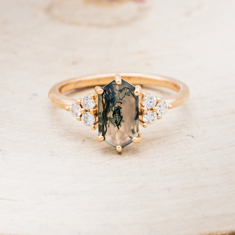 "OCTAVIA" - ELONGATED HEXAGON MOSS AGATE ENGAGEMENT RING WITH DIAMOND ACCENTS & TRACER-25