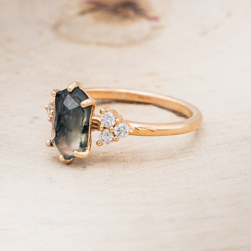 "OCTAVIA" - ELONGATED HEXAGON MOSS AGATE ENGAGEMENT RING WITH DIAMOND ACCENTS & TRACER-24