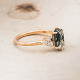 "OCTAVIA" - ELONGATED HEXAGON MOSS AGATE ENGAGEMENT RING WITH DIAMOND ACCENTS & TRACER-23