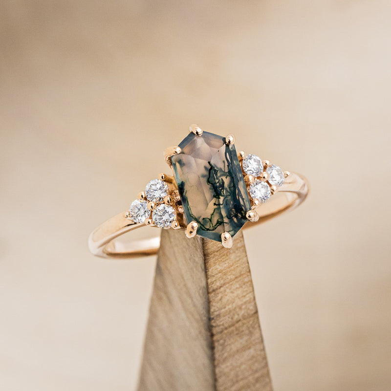 "OCTAVIA" - ELONGATED HEXAGON MOSS AGATE ENGAGEMENT RING WITH DIAMOND ACCENTS & TRACER-22