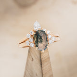 "OCTAVIA" - ELONGATED HEXAGON MOSS AGATE ENGAGEMENT RING WITH DIAMOND ACCENTS & TRACER-17