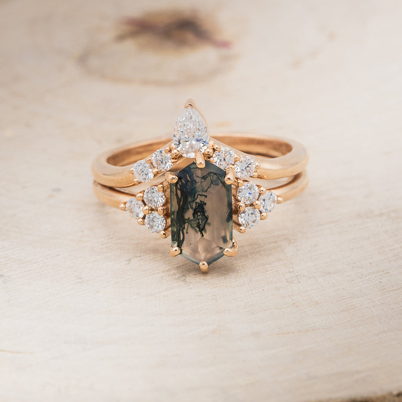 "OCTAVIA" - ELONGATED HEXAGON MOSS AGATE ENGAGEMENT RING WITH DIAMOND ACCENTS & TRACER-20