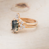 "OCTAVIA" - ELONGATED HEXAGON MOSS AGATE ENGAGEMENT RING WITH DIAMOND ACCENTS & TRACER-19