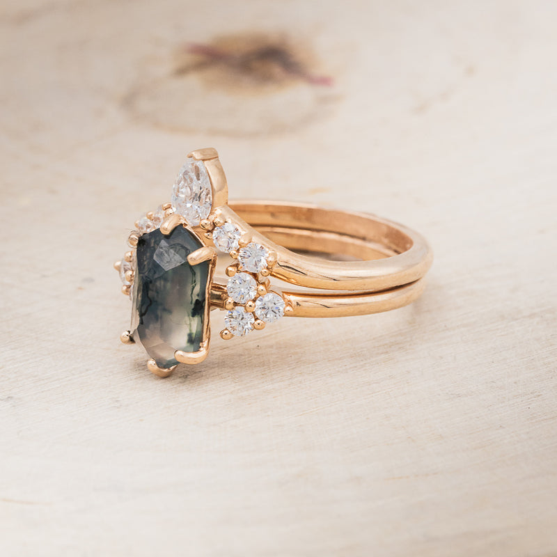 "OCTAVIA" - ELONGATED HEXAGON MOSS AGATE ENGAGEMENT RING WITH DIAMOND ACCENTS & TRACER-19