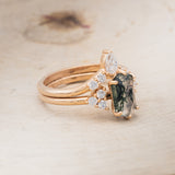 "OCTAVIA" - ELONGATED HEXAGON MOSS AGATE ENGAGEMENT RING WITH DIAMOND ACCENTS & TRACER-18