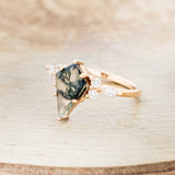 "SAGE" - KITE CUT MOSS AGATE ENGAGEMENT RING WITH DIAMOND ACCENTS & EMERALD TRACER-9