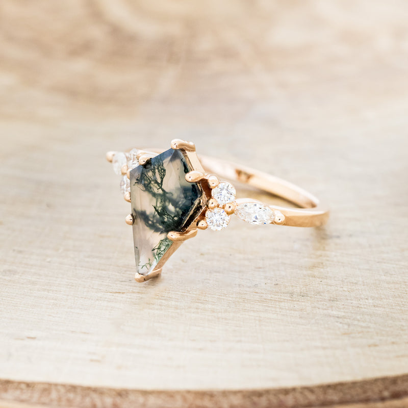 "SAGE" - KITE CUT MOSS AGATE ENGAGEMENT RING WITH DIAMOND ACCENTS & EMERALD TRACER-9