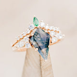 "SAGE" - KITE CUT MOSS AGATE ENGAGEMENT RING WITH DIAMOND ACCENTS & EMERALD TRACER-1