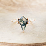 "SAGE" - KITE CUT MOSS AGATE ENGAGEMENT RING WITH DIAMOND ACCENTS & EMERALD TRACER-10