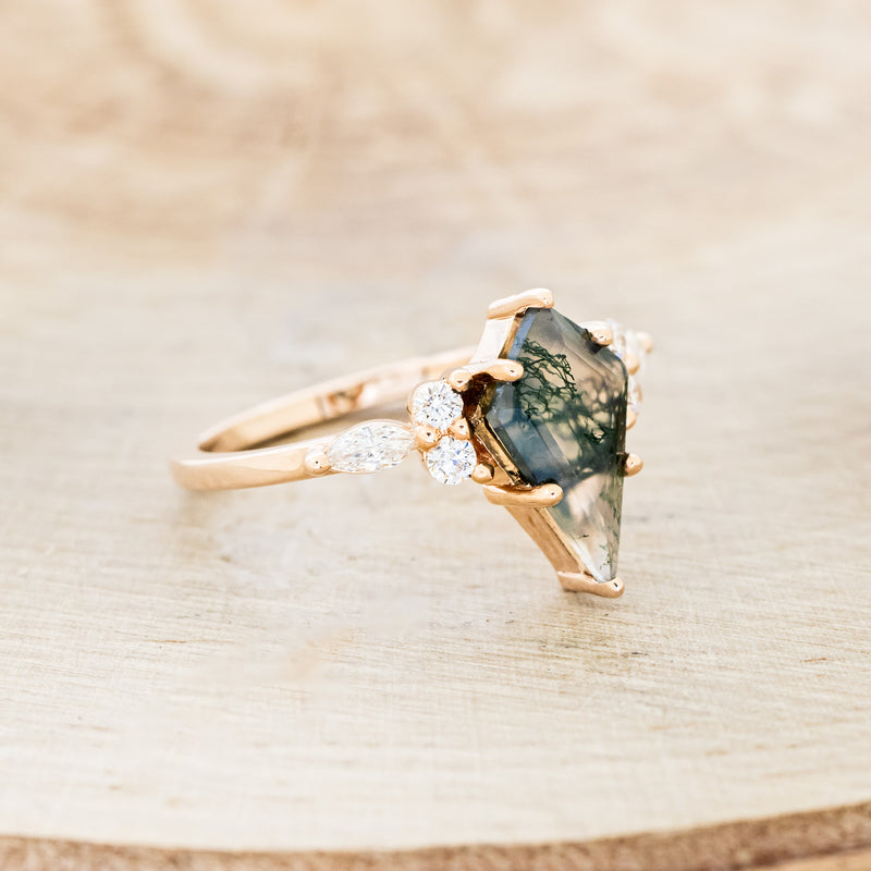 "SAGE" - KITE CUT MOSS AGATE ENGAGEMENT RING WITH DIAMOND ACCENTS & EMERALD TRACER-8