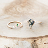 "SAGE" - KITE CUT MOSS AGATE ENGAGEMENT RING WITH DIAMOND ACCENTS & EMERALD TRACER-5