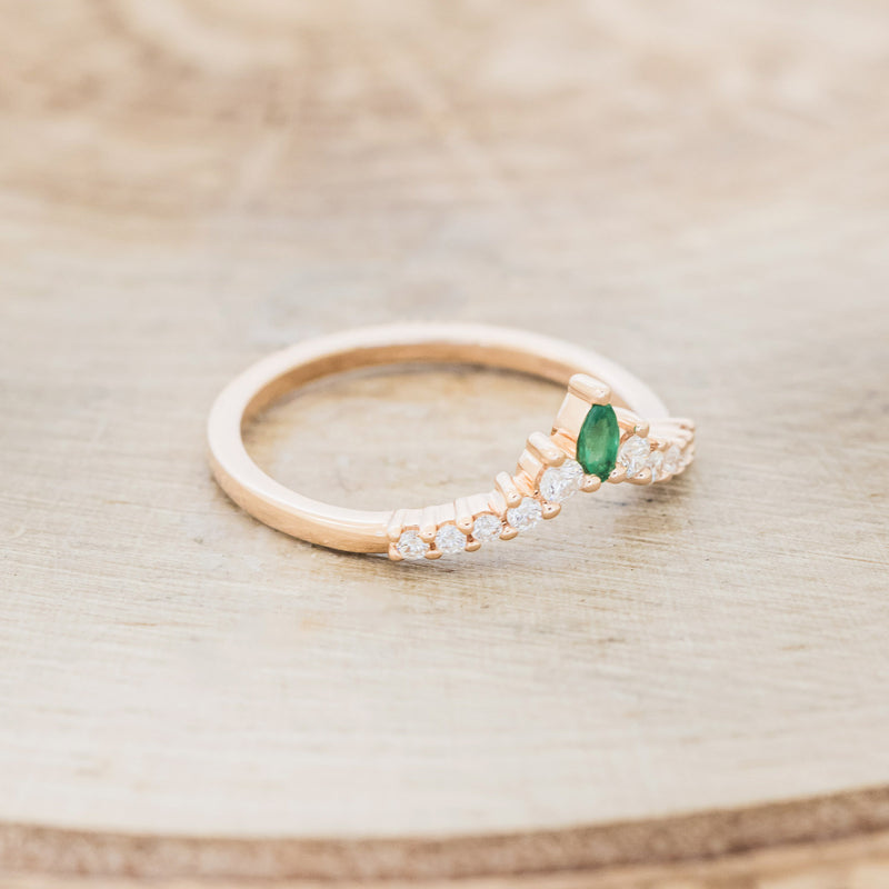 "SAGE" - KITE CUT MOSS AGATE ENGAGEMENT RING WITH DIAMOND ACCENTS & EMERALD TRACER-14