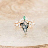 "SAGE" - KITE CUT MOSS AGATE ENGAGEMENT RING WITH DIAMOND ACCENTS & EMERALD TRACER-4