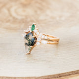 "SAGE" - KITE CUT MOSS AGATE ENGAGEMENT RING WITH DIAMOND ACCENTS & EMERALD TRACER-3