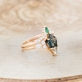 "SAGE" - KITE CUT MOSS AGATE ENGAGEMENT RING WITH DIAMOND ACCENTS & EMERALD TRACER-2