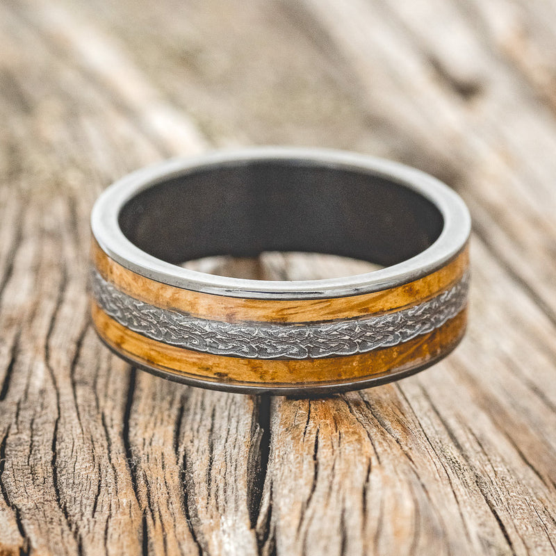 "RYDER" - CELTIC LOVE KNOT ENGRAVED & WHISKEY BARREL OAK WEDDING RING-3