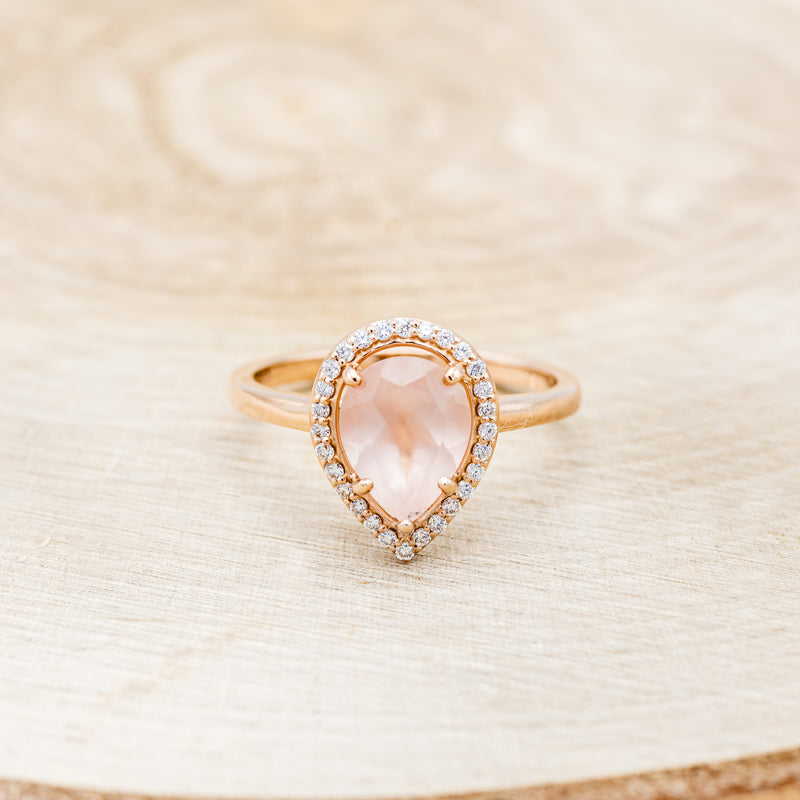 "CLARISS" - PEAR-SHAPED ROSE QUARTZ ENGAGEMENT RING WITH DIAMOND HALO-4