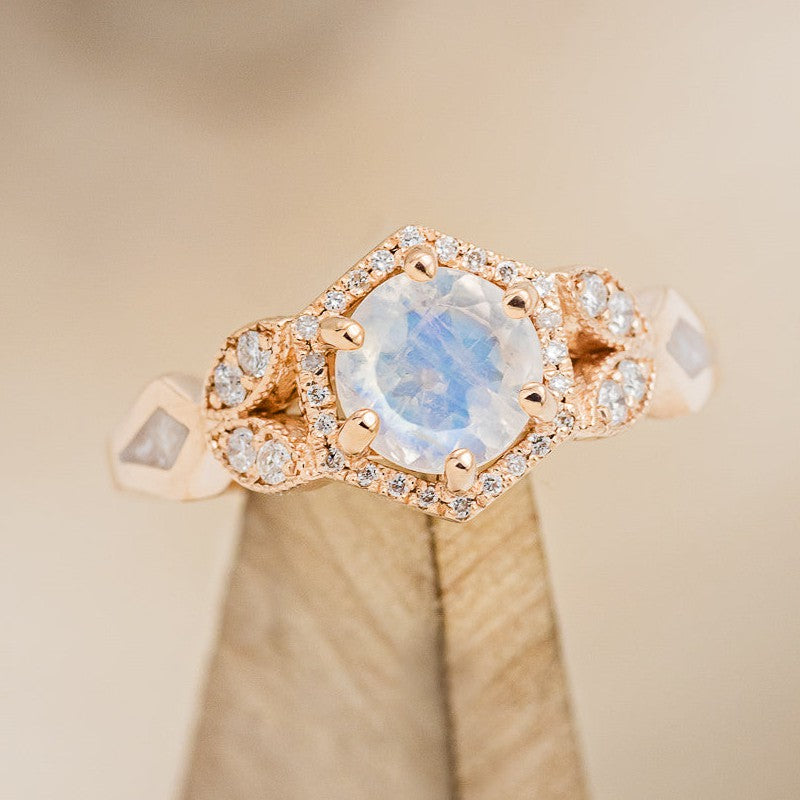 "LUCY IN THE SKY" PETITE - ROUND CUT MOONSTONE ENGAGEMENT RING WITH DIAMOND ACCENTS & DIAMOND DUST INLAYS-1