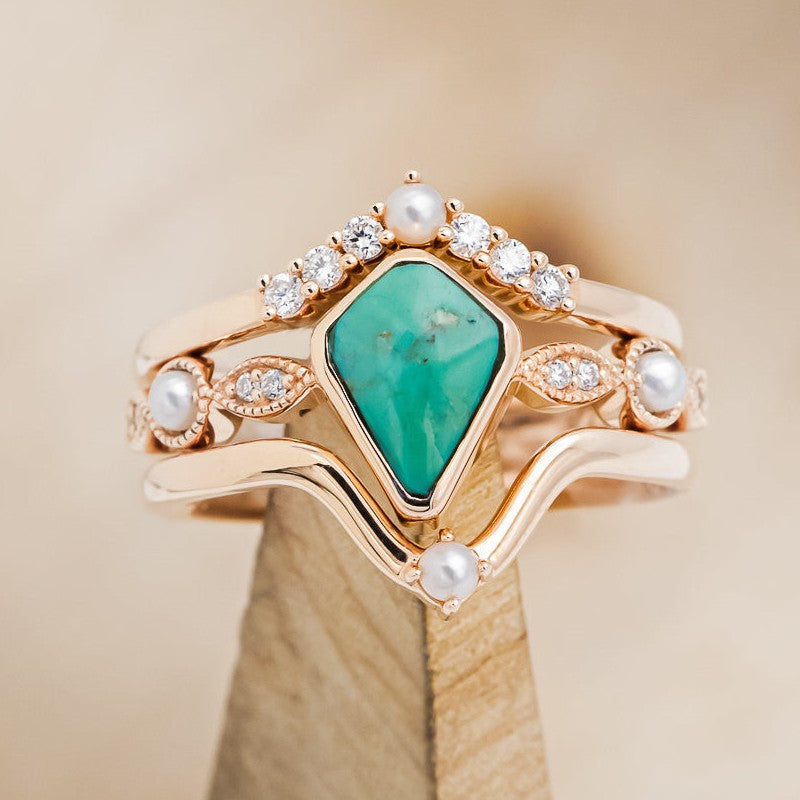 "BIANCA" - BRIDAL SUITE - KITE CUT TURQUOISE ENGAGEMENT RING WITH PEARLS & DIAMOND ACCENTS-1