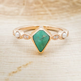 "BIANCA" - BRIDAL SUITE - KITE CUT TURQUOISE ENGAGEMENT RING WITH PEARLS & DIAMOND ACCENTS-9