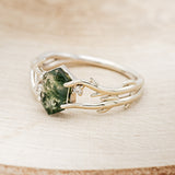 "ARTEMIS" - ELONGATED HEXAGON MOSS AGATE ENGAGEMENT RING WITH AN ANTLER STYLE BAND & DIAMOND ACCENTS-3