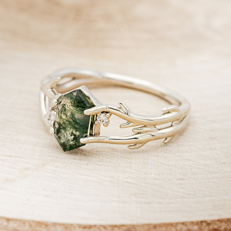 "ARTEMIS" - ELONGATED HEXAGON MOSS AGATE ENGAGEMENT RING WITH AN ANTLER STYLE BAND & DIAMOND ACCENTS-3