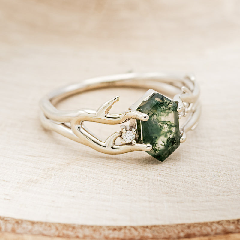 "ARTEMIS" - ELONGATED HEXAGON MOSS AGATE ENGAGEMENT RING WITH AN ANTLER STYLE BAND & DIAMOND ACCENTS-2