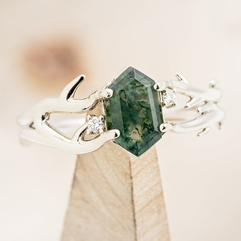 "ARTEMIS" - ELONGATED HEXAGON MOSS AGATE ENGAGEMENT RING WITH AN ANTLER STYLE BAND & DIAMOND ACCENTS-1