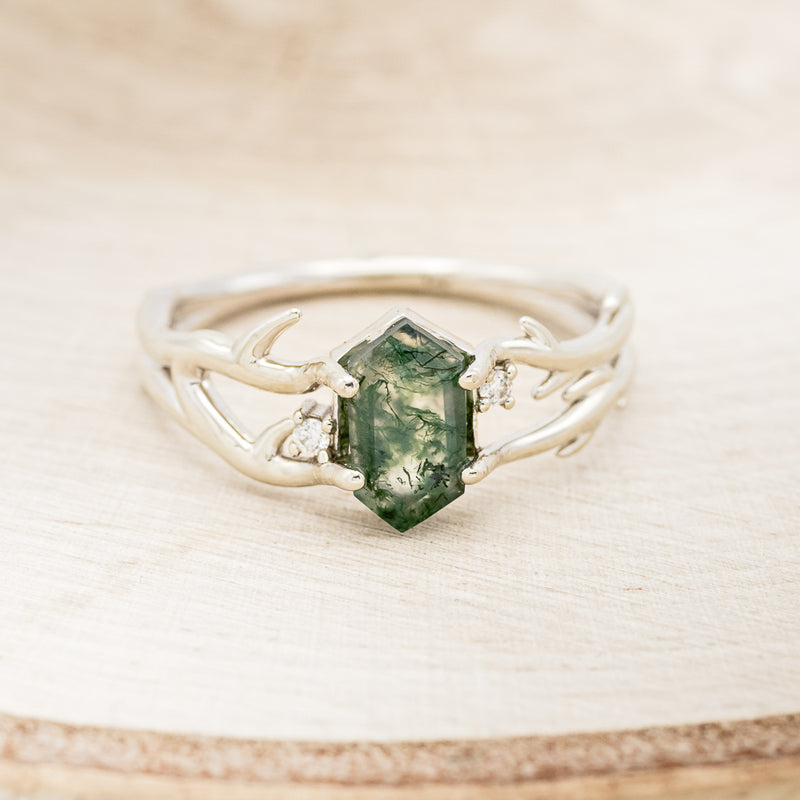 "ARTEMIS" - ELONGATED HEXAGON MOSS AGATE ENGAGEMENT RING WITH AN ANTLER STYLE BAND & DIAMOND ACCENTS-4