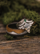 "SAGE" - KITE CUT MOSS AGATE ENGAGEMENT RING WITH DIAMOND ACCENTS & EMERALD TRACER-58