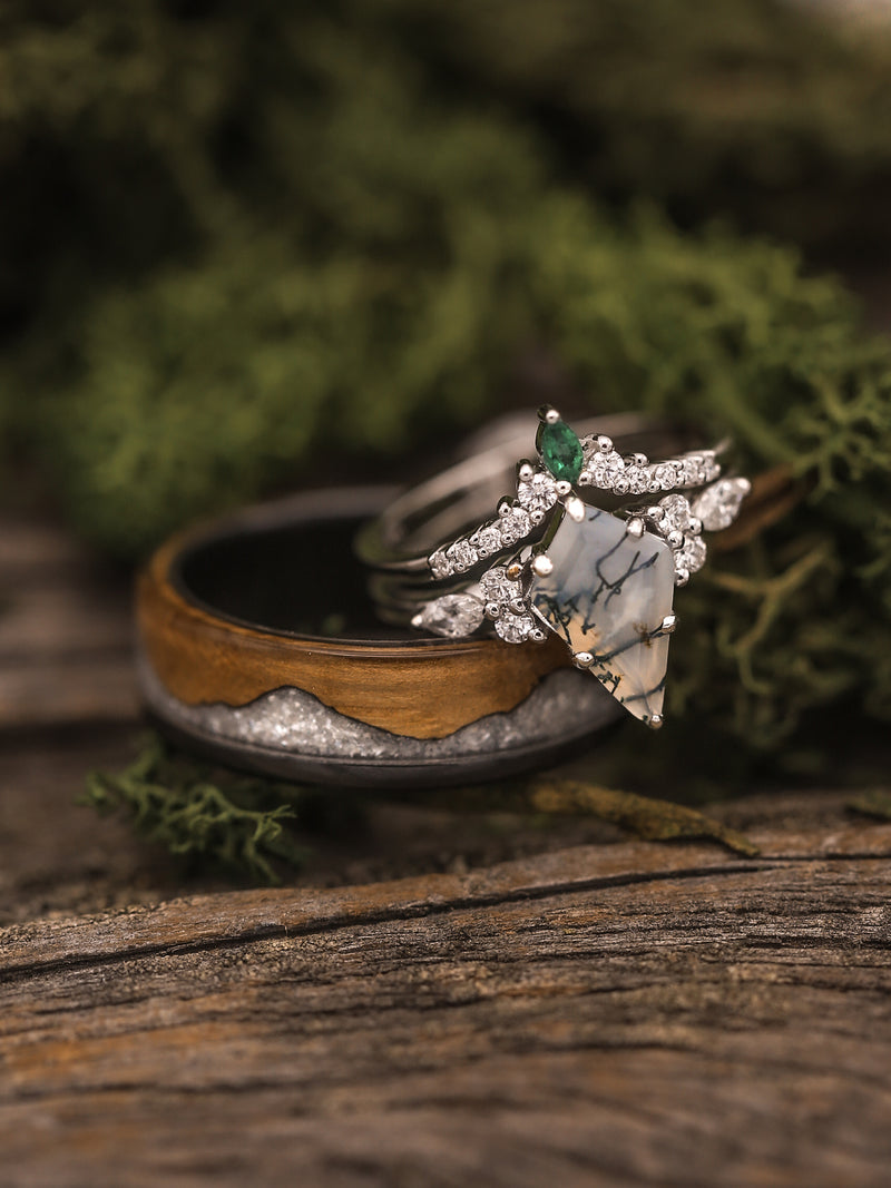 "SAGE" - KITE CUT MOSS AGATE ENGAGEMENT RING WITH DIAMOND ACCENTS & EMERALD TRACER-58