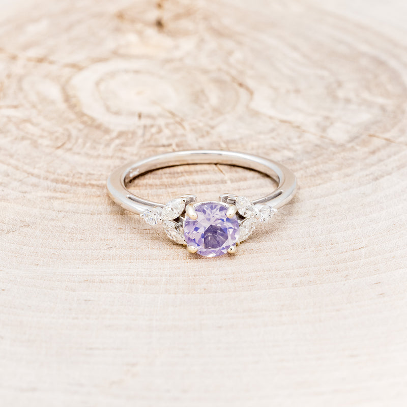 "BLOSSOM" - ROUND CUT LAVENDER QUARTZ ENGAGEMENT RING WITH LEAF SHAPED DIAMOND ACCENTS-4