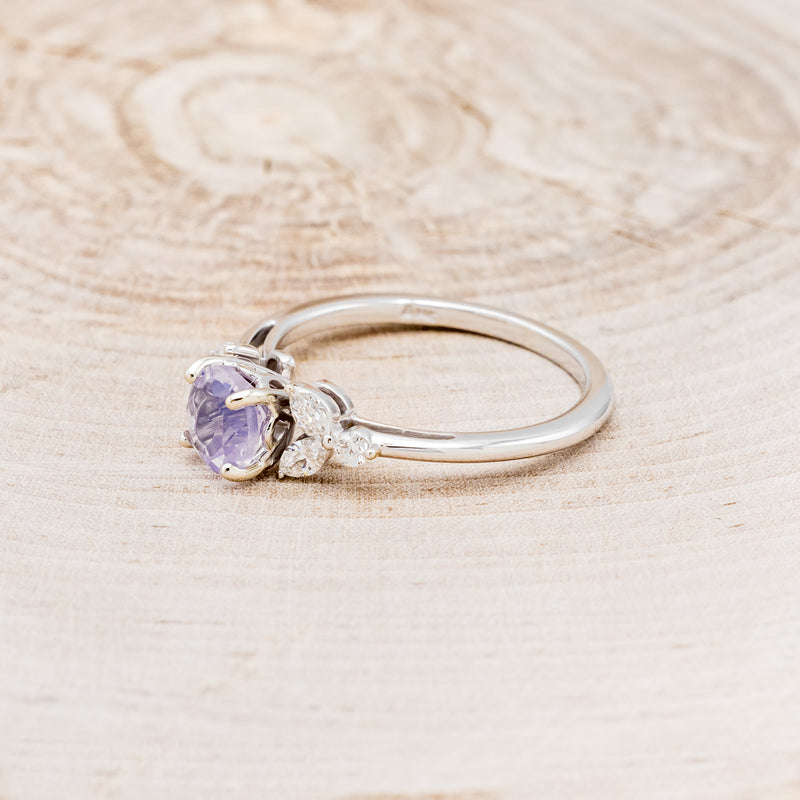 "BLOSSOM" - ROUND CUT LAVENDER QUARTZ ENGAGEMENT RING WITH LEAF SHAPED DIAMOND ACCENTS-3