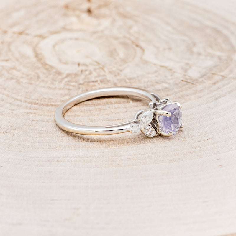 "BLOSSOM" - ROUND CUT LAVENDER QUARTZ ENGAGEMENT RING WITH LEAF SHAPED DIAMOND ACCENTS-2