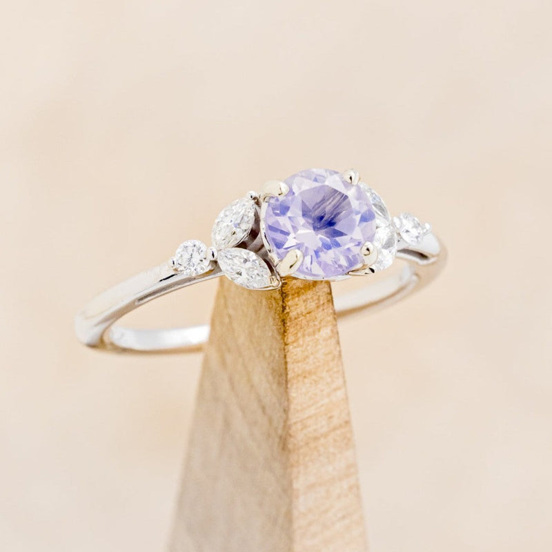 "BLOSSOM" - ROUND CUT LAVENDER QUARTZ ENGAGEMENT RING WITH LEAF SHAPED DIAMOND ACCENTS-1